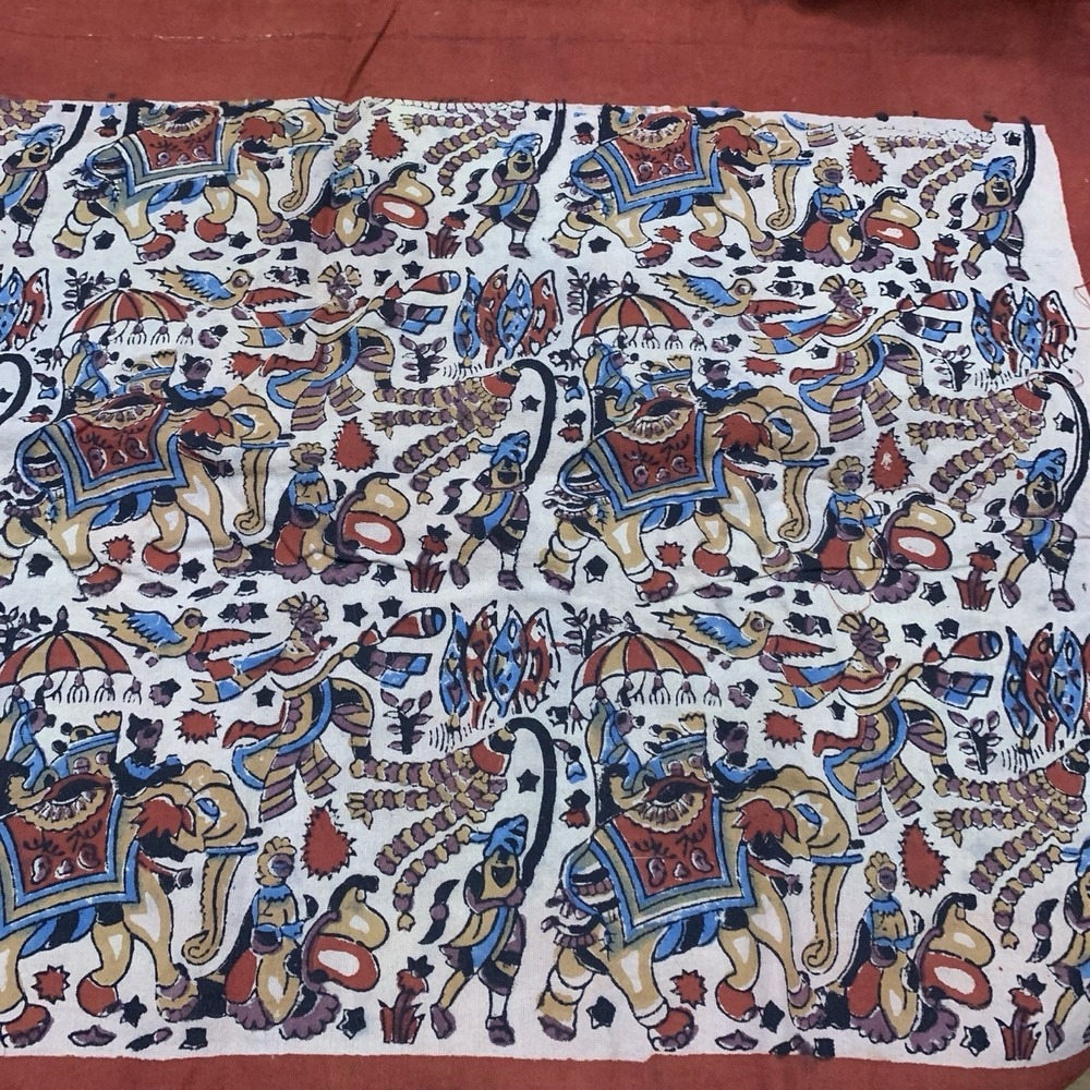 Indian Cotton Handmade Print Fabric Hand Block Printed Elephants Two Panels Rust